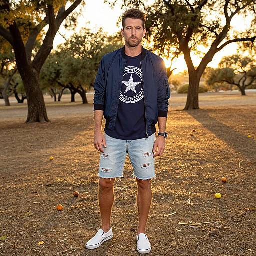 Photograph of a bearded man with short brown hair, wearing a navy jacket, star-print shirt, ripped denim shorts, and white sneakers, standing