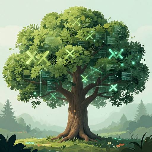 Digital illustration of a lush, green tree with glowing 'X' marks and text overlays, standing in a misty forest clearing.