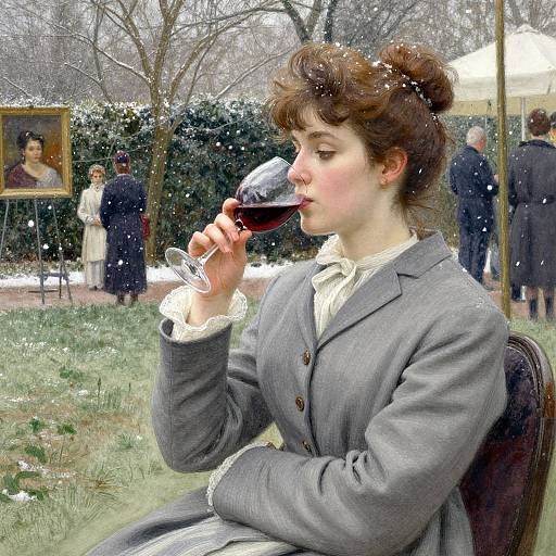 Photograph of a fair-skinned woman with brown hair in an updo, sipping red wine outdoors in a gray coat, vintage style, surrounded