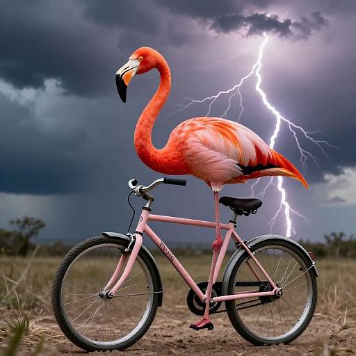 Photograph of a vibrant pink flamingo perched on a pink bicycle, with a dramatic lightning bolt in a stormy sky.