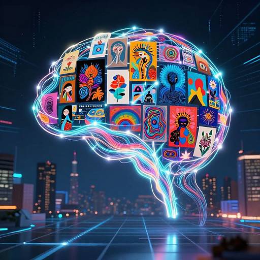 Digital art of a glowing, neon-lit brain composed of colorful, surreal icons against a futuristic cityscape with neon lights.