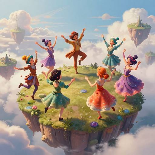 Digital painting of six colorful, animated characters joyfully dancing on a floating grassy island amidst fluffy clouds and distant floating castles.