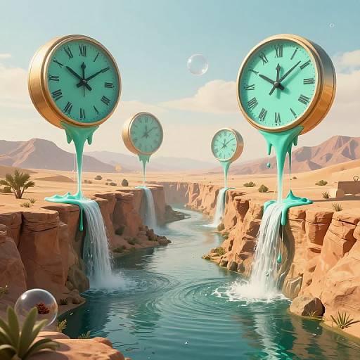 Surreal Floating Clocks in Desert