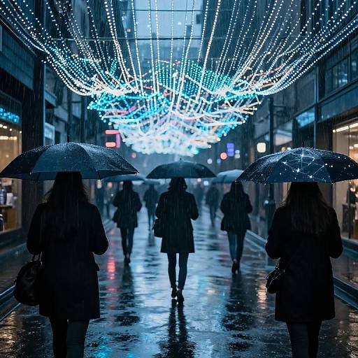 Photograph of a rainy urban street at night, silhouetted people holding umbrellas, illuminated blue and white overhead lights, reflective wet pavement,