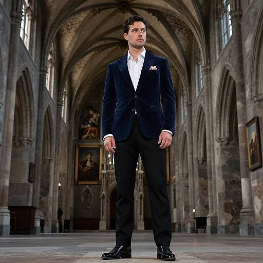 Photograph of a serious, dark-haired man in a navy velvet blazer, white shirt, black pants, standing in a grand, Gothic cathedral.