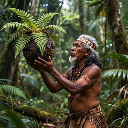 Photograph of an elderly, bare-chested indigenous man with gray hair and beard, wearing tribal headband and necklace, holding a fern-adorned