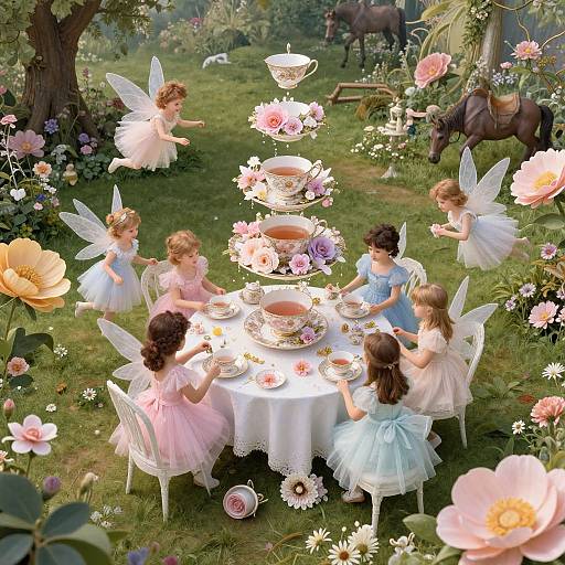 Whimsical digital painting of fairies in pastel dresses, with wings, around a tiered tea set on a grassy garden, surrounded by