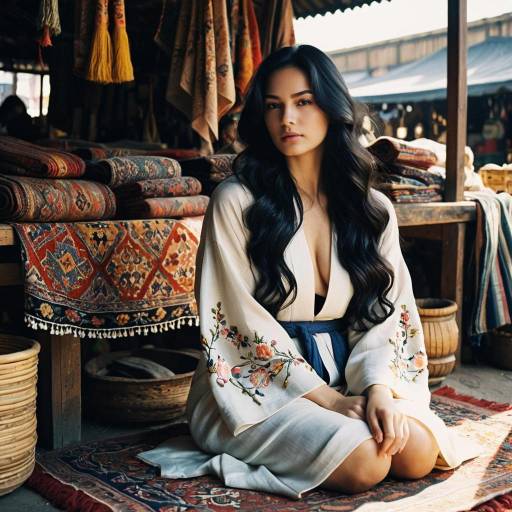 Woman Sitting on Antique Rugs in Market Stall