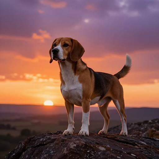 Photograph of a Beagle standing on a rocky outcrop at sunset, with a vibrant orange and purple sky in the background.