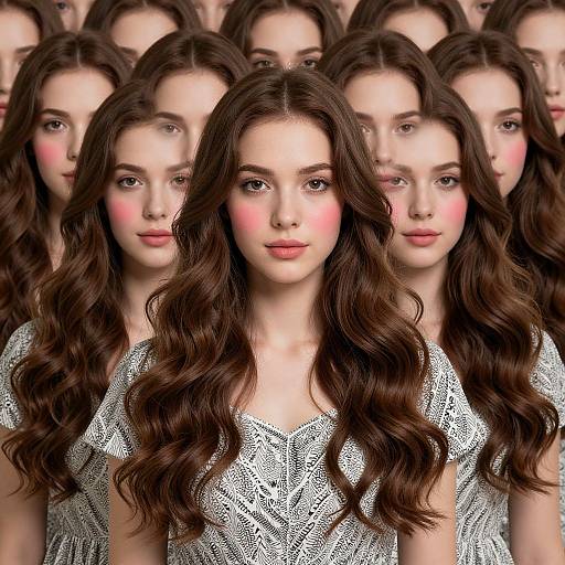 Photograph of multiple identical young women with long, wavy brown hair, wearing white lace dresses, and pink blush on their cheeks, standing closely together