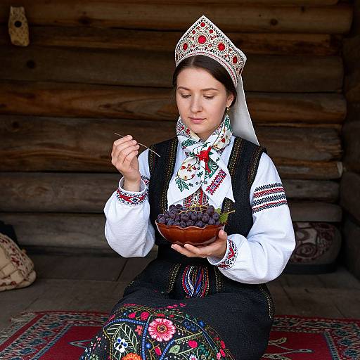 Photograph of a young woman in traditional Eastern European folk attire, with embroidered black dress and white blouse, eating grapes from a wooden bowl, seated on