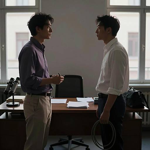 Silhouetted Figures in Dimly Lit Office