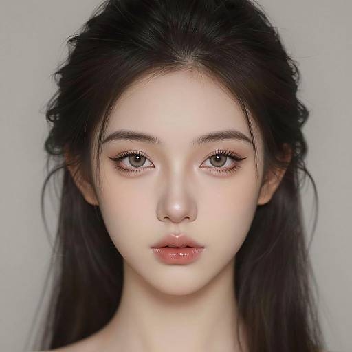 Digital portrait of a young Asian woman with long black hair, fair skin, full lips, and subtle eyeliner, gazing directly at the camera against