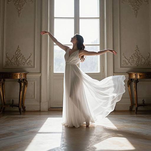 Photograph of a dancer in a flowing white dress, arms outstretched, standing in front of a sunlit window in an ornate, vintage