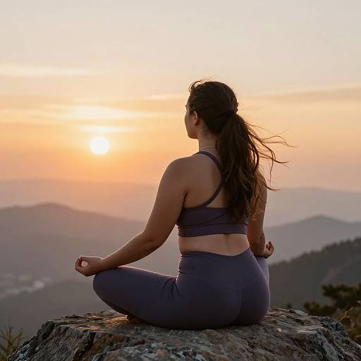 Photograph of a woman with long brown hair, wearing a gray sports bra and leggings, meditating on a rocky mountain peak at sunset, with a