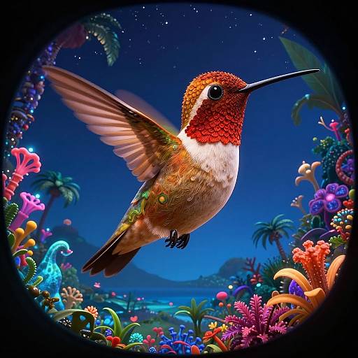 Digital art: Vibrant hummingbird with red and white plumage, hovering mid-flight over a colorful, surreal tropical garden under a starry night sky