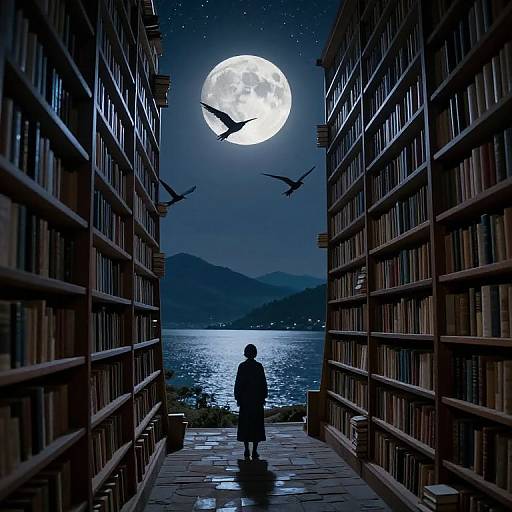 Photograph-style digital art: Silhouetted figure in long coat stands between moonlit bookshelves, overlooking a starry sea with flying birds