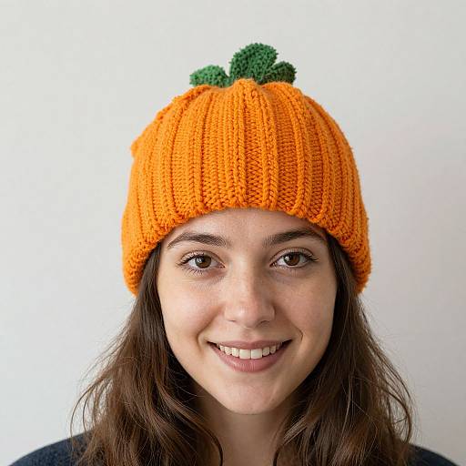 Photograph of a smiling young woman with fair skin, brown eyes, and wavy dark brown hair, wearing an orange knitted pumpkin hat with green