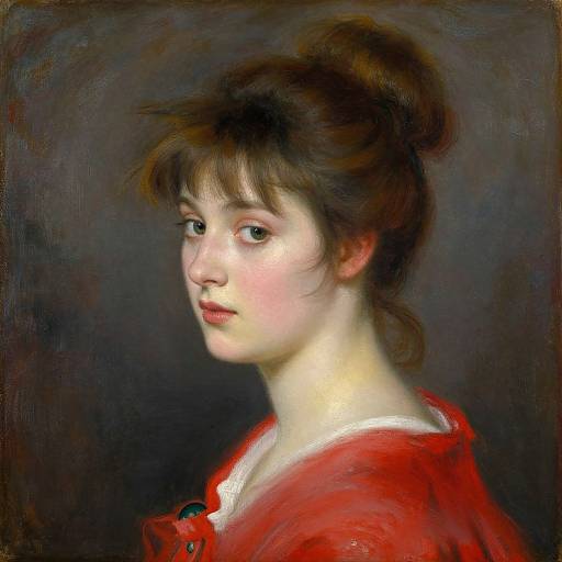 Painting of a young woman with fair skin, brown hair in a loose bun, red dress, and soft expression, against a dark background. Real
