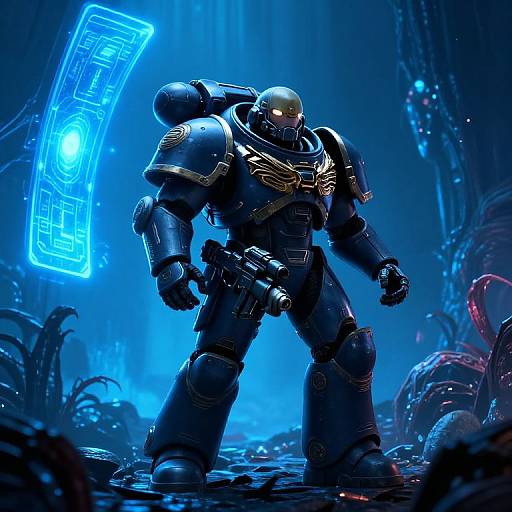 Digital CGI image of a powerful, armored robot with glowing blue holographic display, standing in a neon-lit, futuristic alien jungle.