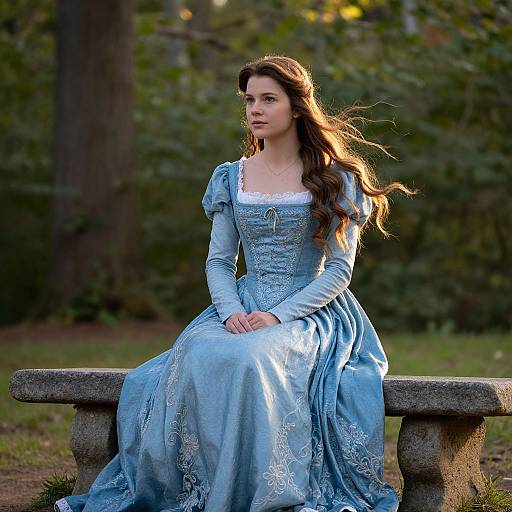 Photograph of a young woman with long brown hair in a blue, intricately embroidered Renaissance-style dress, sitting on a stone bench in a sunlit