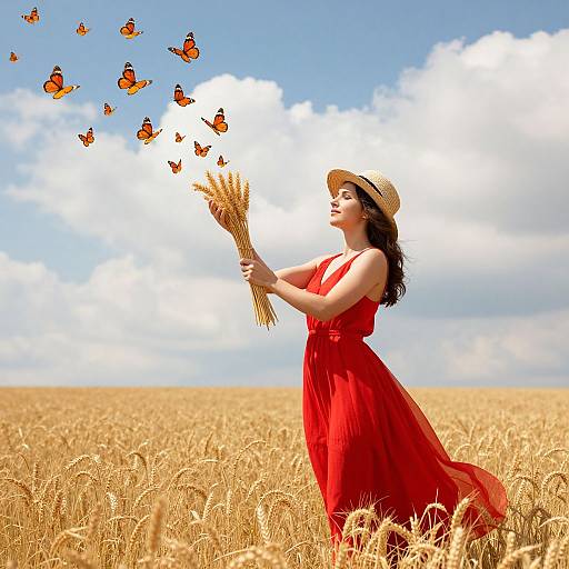 Photograph of a woman in a red dress and straw hat, holding wheat, with orange butterflies flying above her in a golden wheat field under a blue