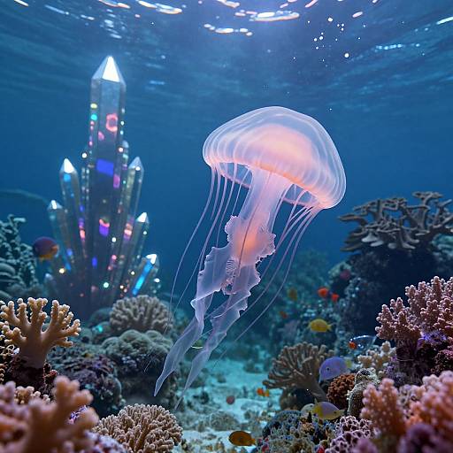 Photograph of a glowing, translucent jellyfish with pink and white hues, floating amidst vibrant coral reefs and colorful fish in a deep blue underwater ocean scene