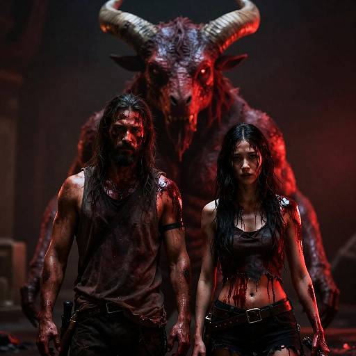 Bloodied Survivors and Horned Creature in Dark Setting