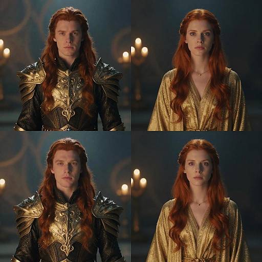 Photograph collage of two characters, a red-haired man in ornate black armor and a red-haired woman in a gold, V-neck robe, standing