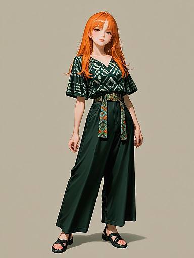 Digital illustration of a red-haired woman with fair skin, wearing a black geometric-patterned top, black wide-legged pants, and black sandals, standing against