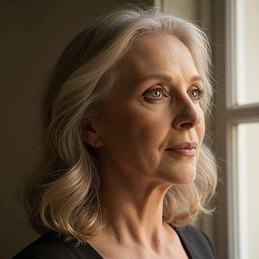 Photograph of a middle-aged woman with wavy, silver-gray hair, light skin, and subtle makeup, looking thoughtfully into sunlight streaming from a