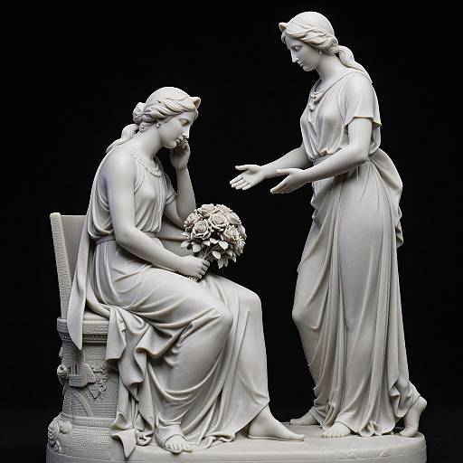 Photograph of a white marble sculpture depicting a seated, sorrowful woman holding flowers, receiving comfort from a standing, gentle woman. Black background. Classic