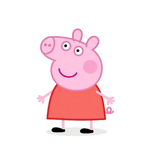 Cartoon pink pig with round head, red dress, simple smile, small arms, black shoes, white background, digital illustration style.