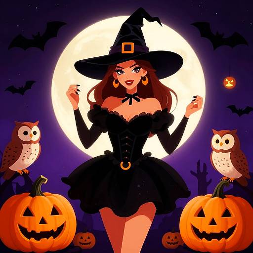 Digital illustration of a sexy witch with long brown hair, black dress, and hat, standing before a full moon, flanked by carved pumpkins and