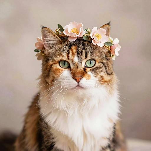 Regal Calico Cat with Floral Crown