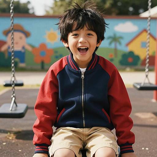 Photograph of a young Asian boy with messy black hair, wearing a red and navy zip-up jacket and beige pants, laughing while sitting on a swing