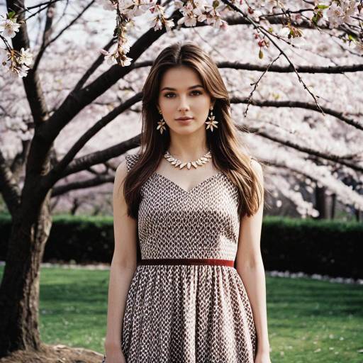 Young Woman in Dress with Cherry Blossoms