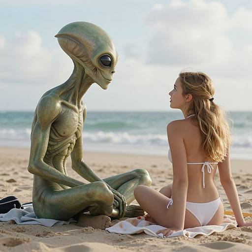 Photograph of a blonde woman in a white bikini sitting on a beach, facing a green-skinned, alien with large black eyes. Ocean and sky