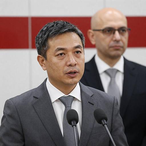 Two Men in Business Suits Speaking at Press Conference