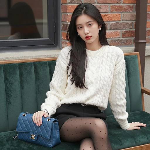 Chic Young Woman on Velvet Bench