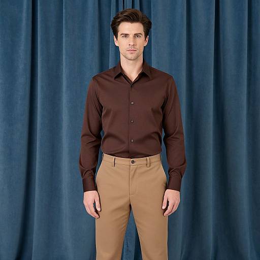 Photograph of a Caucasian man with short dark hair, wearing a black button-up shirt and beige pants, standing against a blue curtain backdrop.