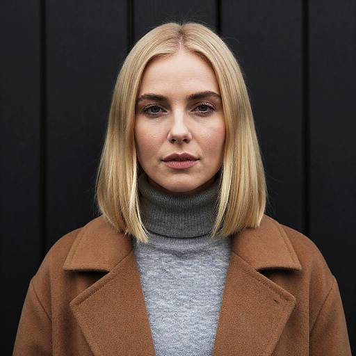 Blonde Woman in Brown Coat and Gray Turtleneck