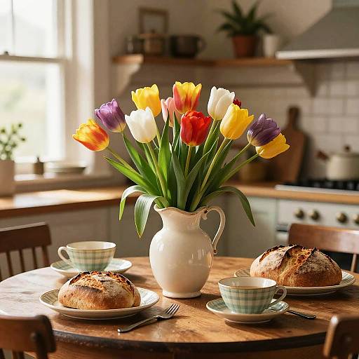 Sunlit Vintage Kitchen with Tulips