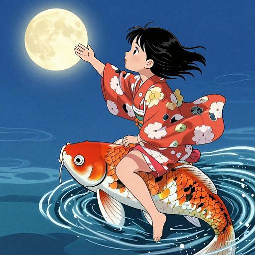 Anime-style drawing of a girl in a red floral kimono riding a large orange koi fish under a bright full moon.