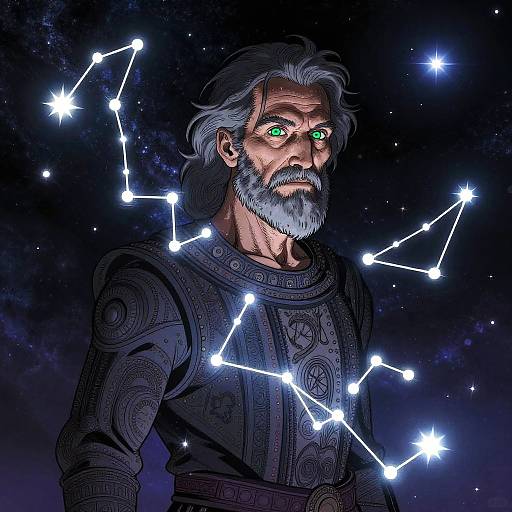 Digital illustration of a gray-bearded man with green eyes, wearing intricate medieval armor, surrounded by glowing constellation stars in a dark, starry night sky