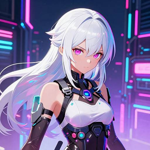 Digital anime-style drawing of a white-haired, pink-eyed woman with cybernetic armor in a neon-lit futuristic cityscape. She has a serious