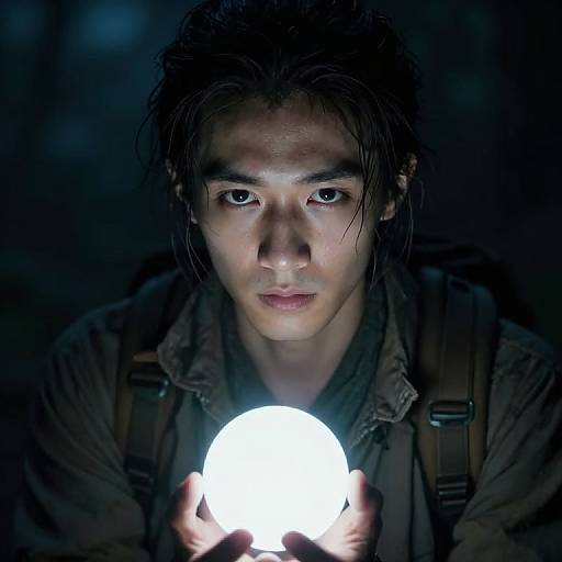 Photograph of a serious, Asian man with wet, messy hair, holding a bright, glowing orb, in a dark, shadowy background.