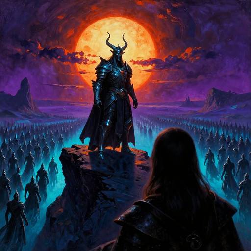 Digital artwork: Dark, armored horned figure with glowing red sun behind, standing on rocky ledge, surrounded by blue-lit, shadowy soldiers,