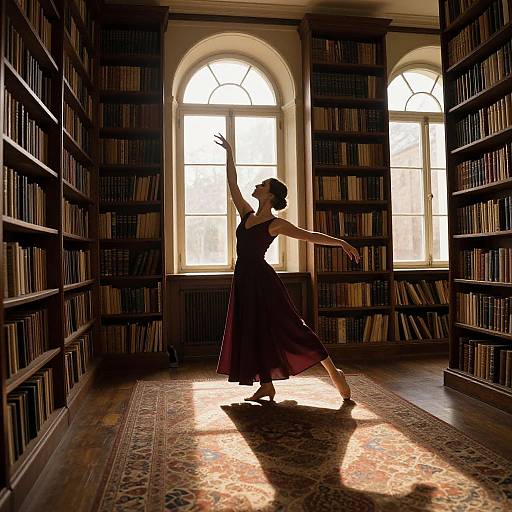 Silhouetted dancer in a flowing dark dress, arms raised, in a sunlit library with arched windows and tall bookshelves.