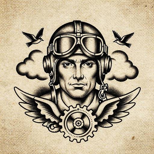 Vintage Aviator Tattoo Flash Illustration